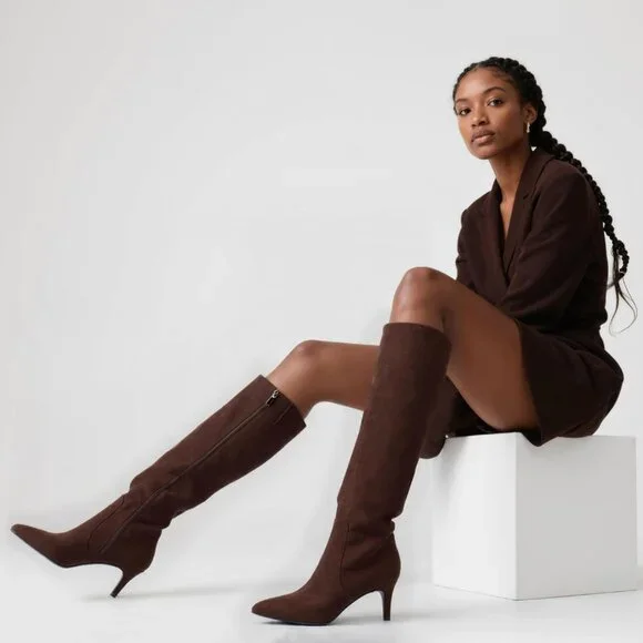 Women's Chocolate Tall Boots Pointed Toe Kitten Heel Side Zipper Knee High Boots